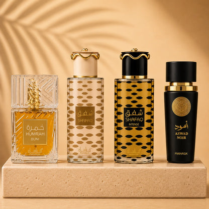 SET 4 PARFUMURI 100 ML(2 DAMA+2 BARBATESTI)- HUMRAH BUNI + SHAFAQ + SHAFAQ INTENSE + ASWAD NOIR