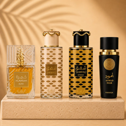SET 4 PARFUMURI 100 ML(2 DAMA+2 BARBATESTI)- HUMRAH BUNI + SHAFAQ + SHAFAQ INTENSE + ASWAD NOIR