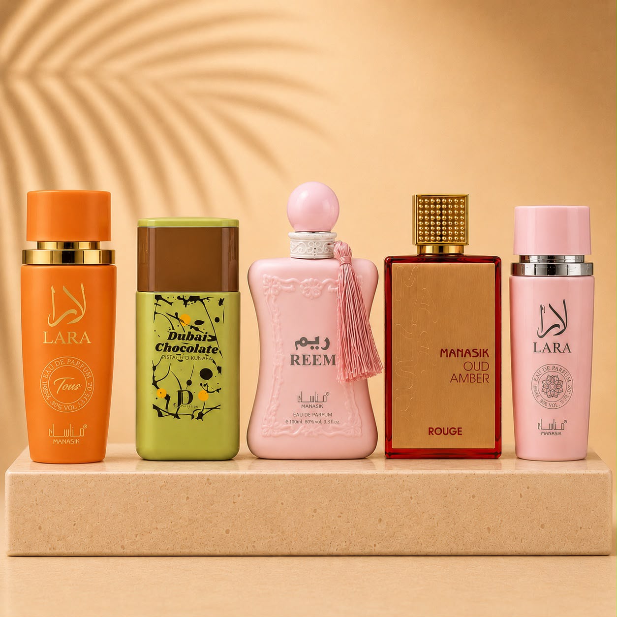 SET 5 PARFUMURI DAMA 100 ML- LARA TOUS + DUBAI CHOCOLATE + REEM + MANASIK OUD AMBER ROUGE+ LARA